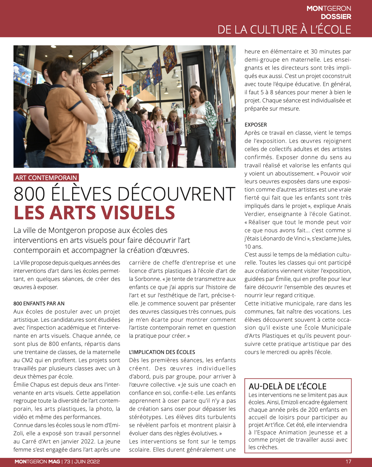Article au sujet des interventions en arts visuels d'Emilie Chapus